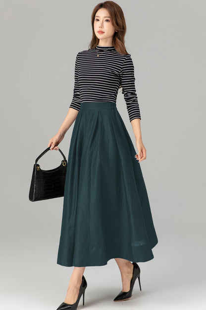 Dark Green Linen Midi Skirt - Pleated A-Line with Pockets 5724