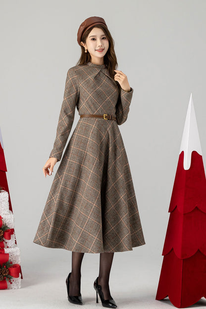 Plaid Wool Swing Dress – Long Sleeve Vintage Fitted Waist Dress with Bow Tie 4616