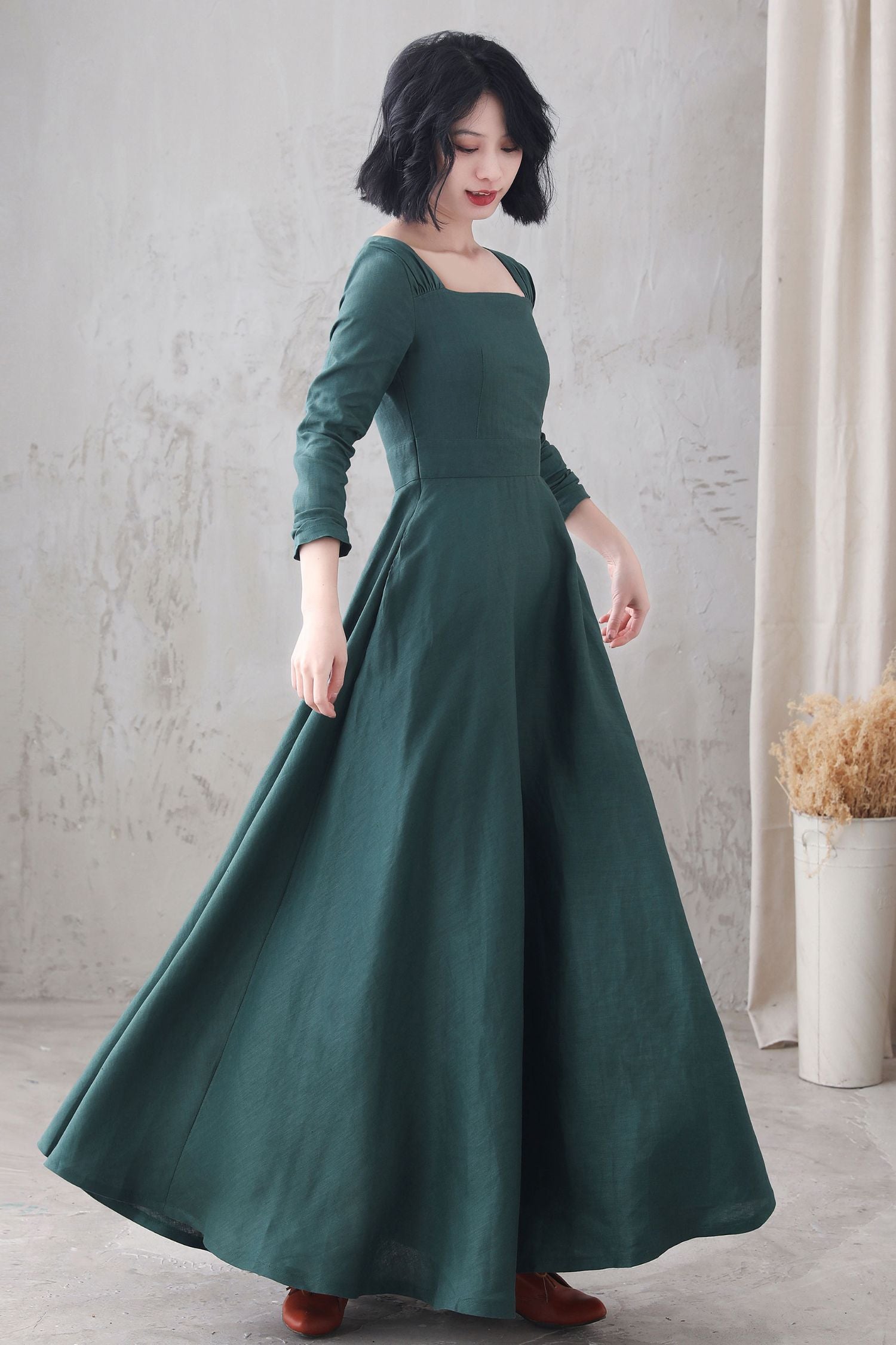 Long sleeve Linen Maxi dress with pocket 3285 - green / XS Long sleeve Linen Maxi dress with pocket 3285 - green / XS