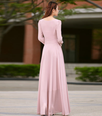 Pink Chiffon Maxi Dress - Long Sleeve Swing Silhouette 2623
