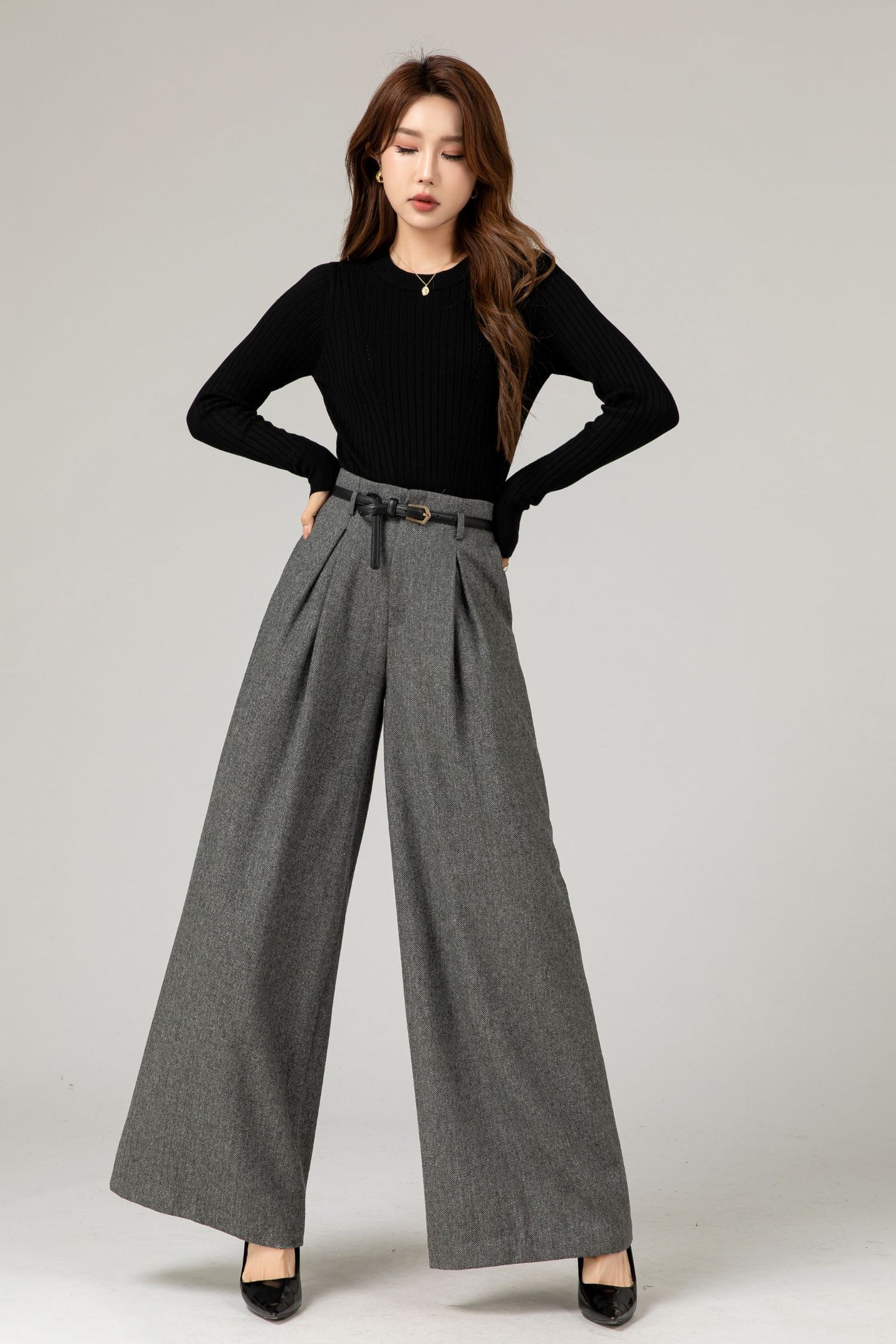 Gray wide leg long wool pants women 5482