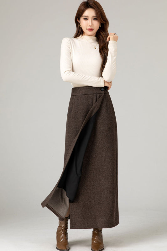 Handmade Wool Blend Skirt – Elegant Dark Brown Wrap Midi for Autumn Winter 5484