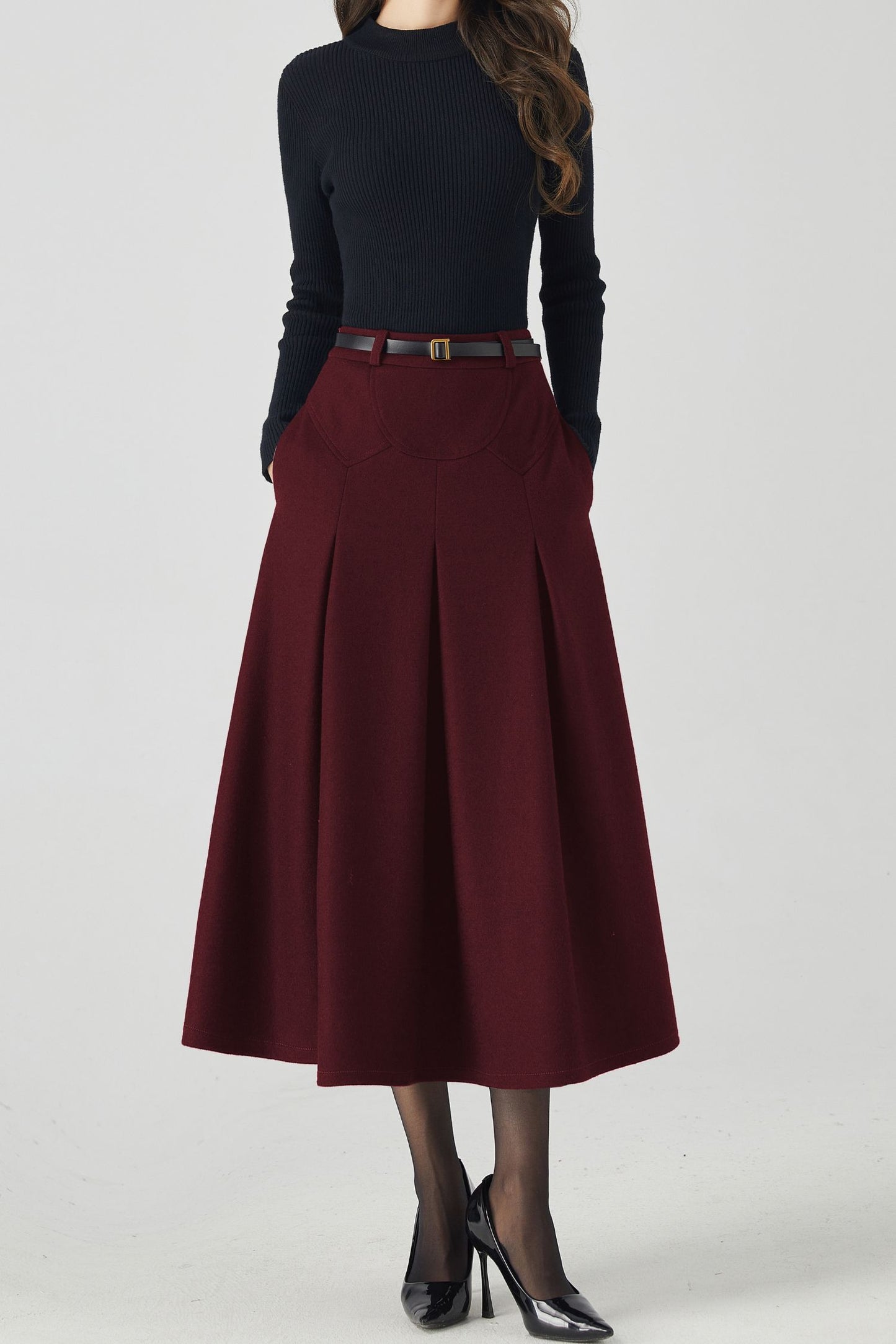 Burgundy Wool Midi Skirt – Vintage High Waist A-Line Winter Skirt with Pockets 6332