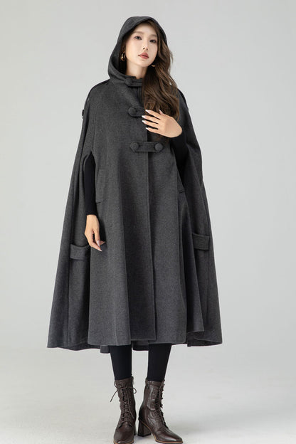 Handmade Dark Gray Wool Hooded Cape – Vintage Winter Cloak Coat with Pockets 4558