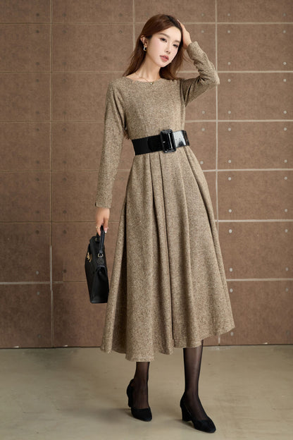 Handmade Wool Blend Dress – Elegant Camel Midi with Pockets 5361