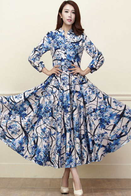 Floral Linen Midi Shirt Dress - Button Front Pockets | Xiaolizi 3419