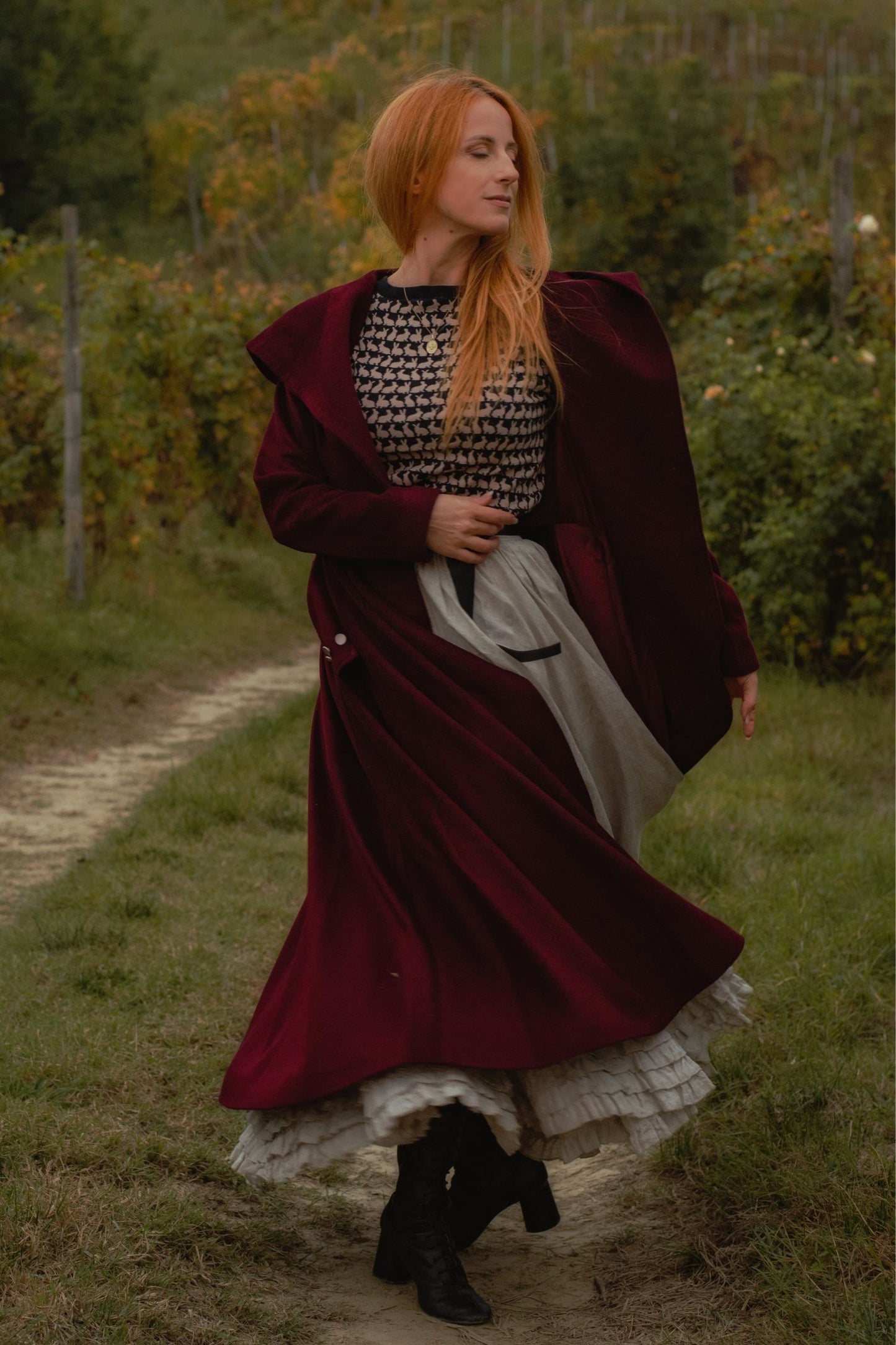 Burgundy Hooded Wool Coat – Handmade Long Belted Wool Winter Overcoat for Women 6546