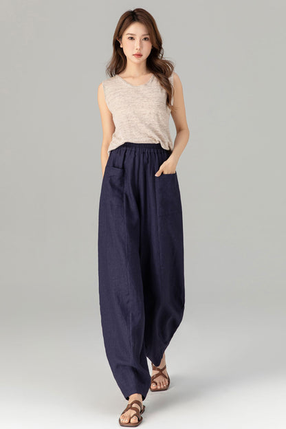 Loose fitting wide leg long linen pants 4907