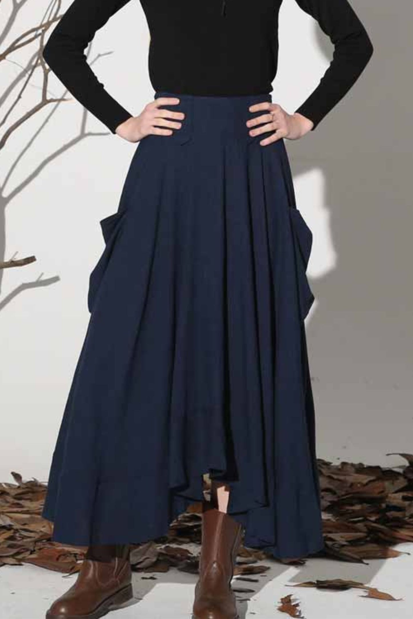 Dark blue maxi linen skirt women skirt 1157