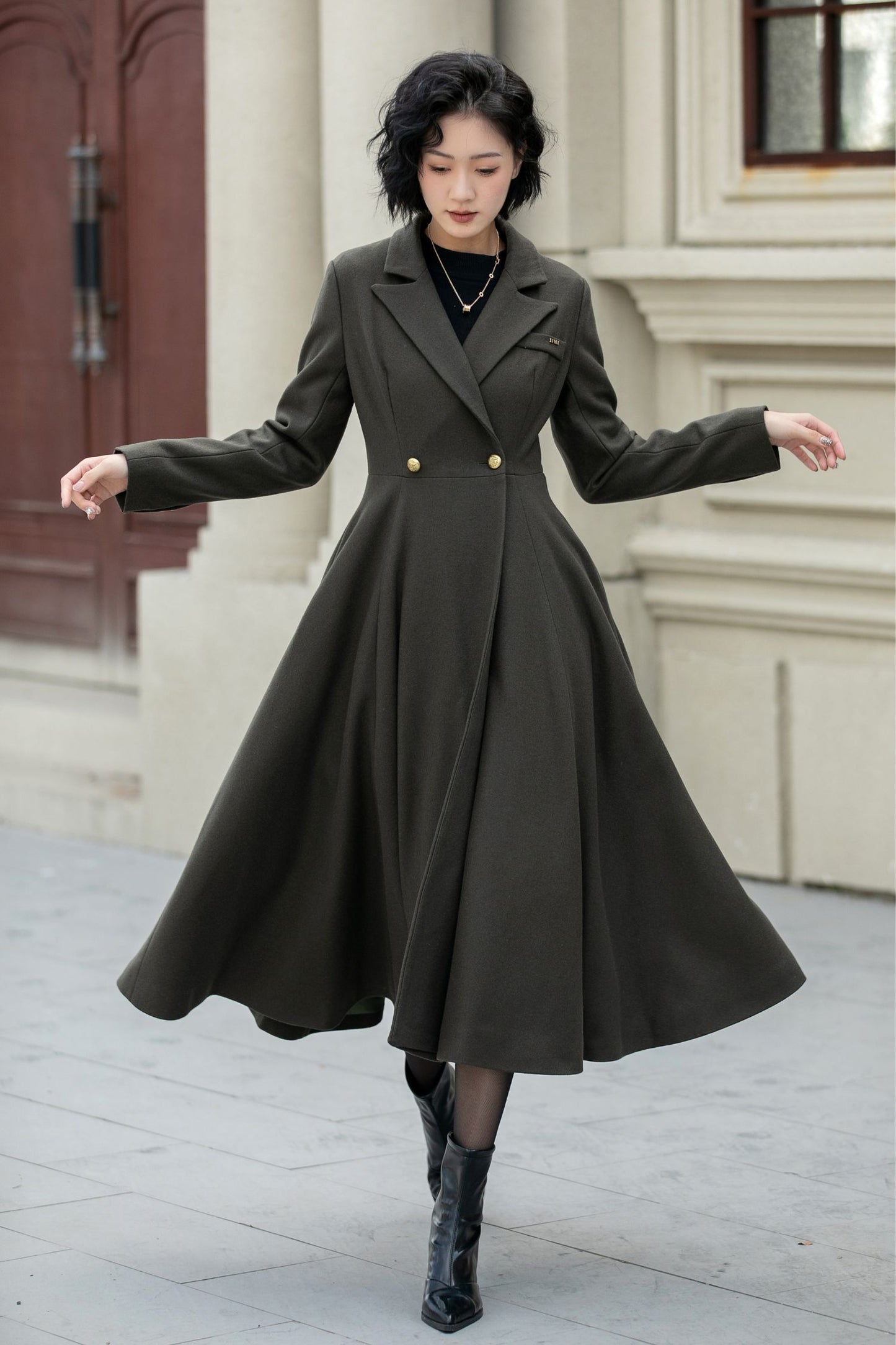 Army green double breasted winter wool coat 5459