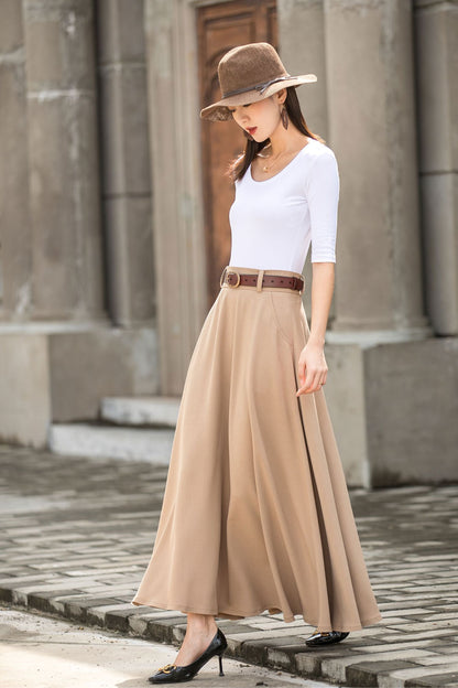 Handmade Women's Beige High-Waisted Linen Maxi Skirt  2780