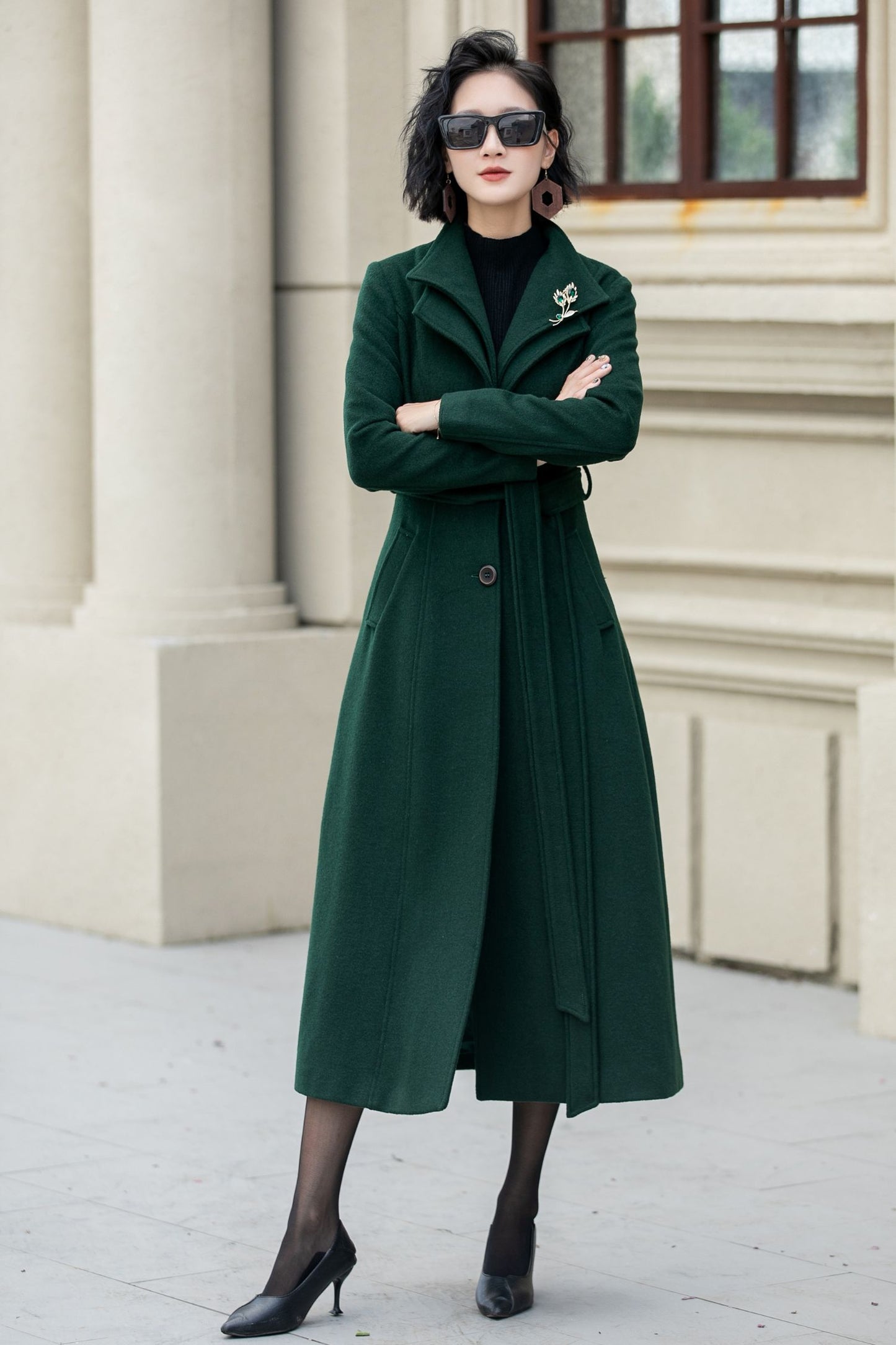 Green long wool trench coat women 5350