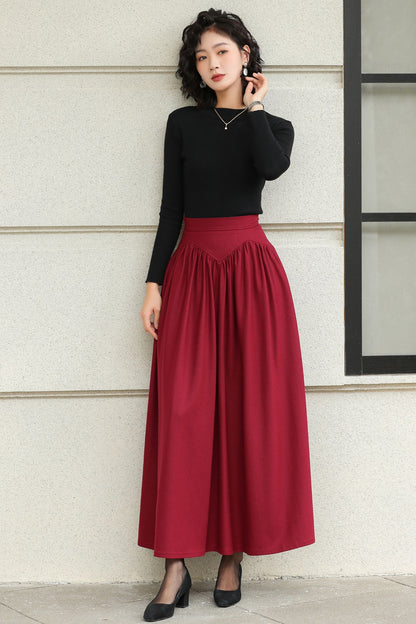 Burgundy Wool Maxi Skirt - Handmade High-Waisted Pleated 6420