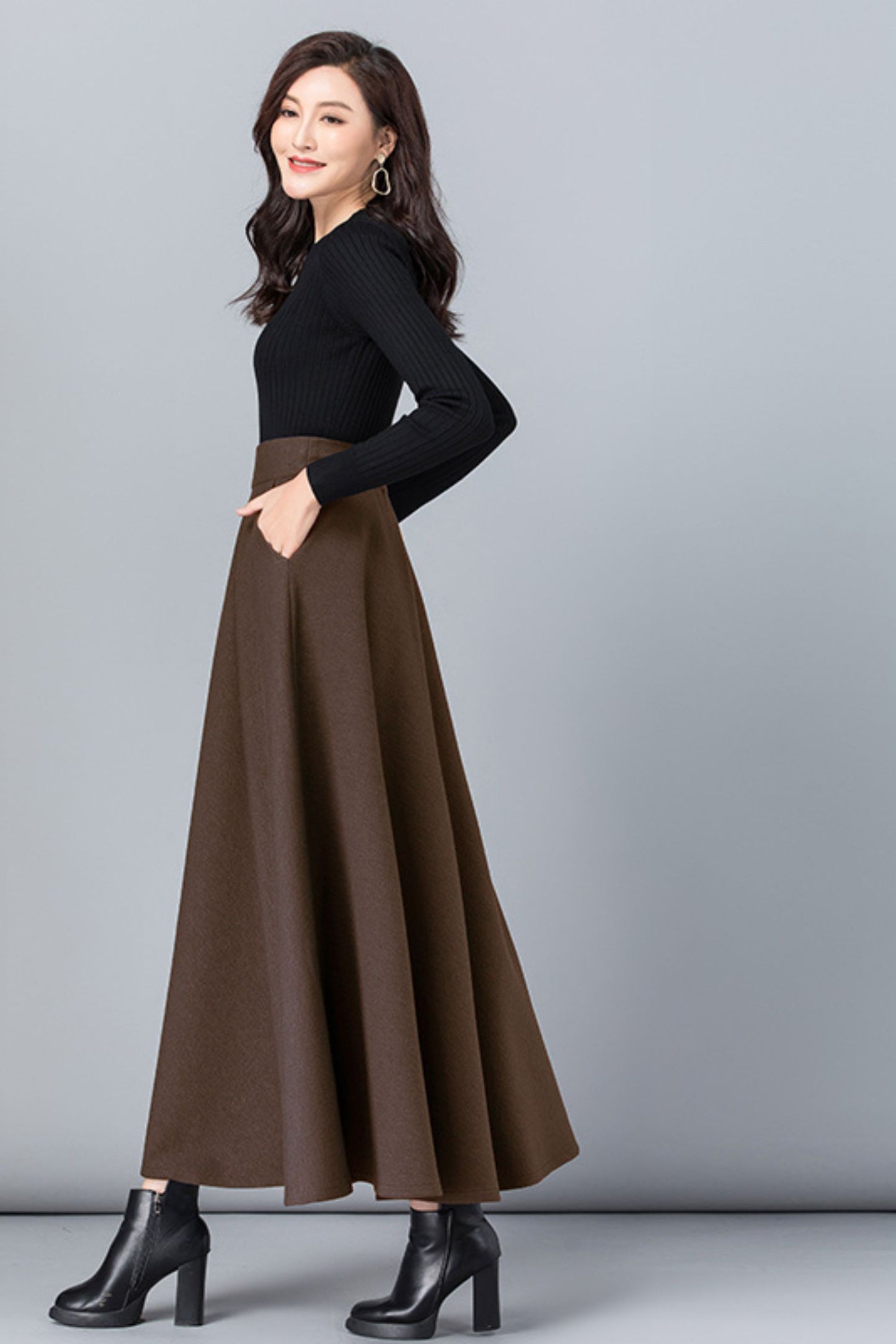 Brown a line maxi wool skirt women 6209