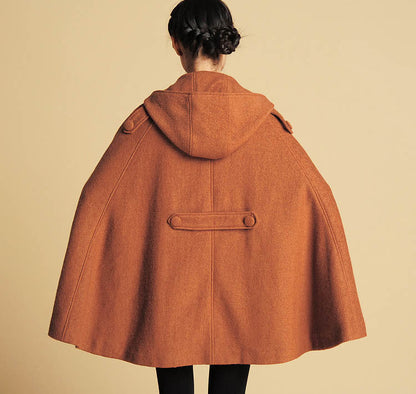 Vintage Wool Blend Cape – Brown Hooded Poncho Coat with Pockets | Xiaolizi 0390