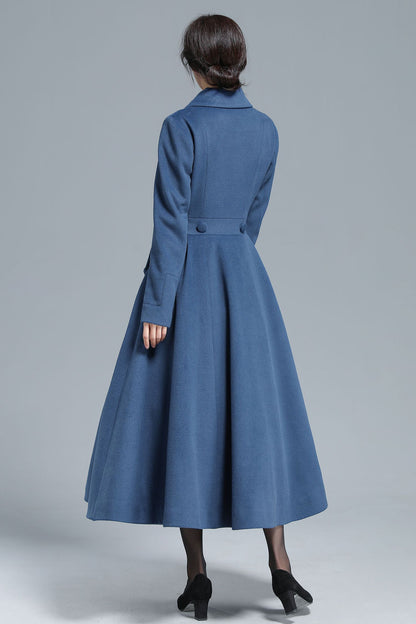 Blue Wool Maxi Coat - Vintage Inspired Fit & Flare Silhouette 3127