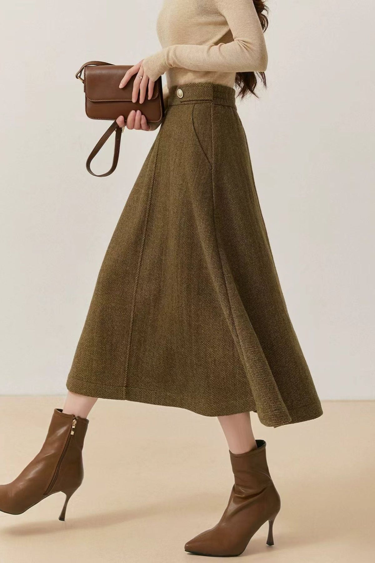 Khaki Midi Wool Blend Midi Skirt - Women A-Line Skirt Winter 7023