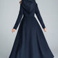 Navy blue maxi wool coat with hood 1637#