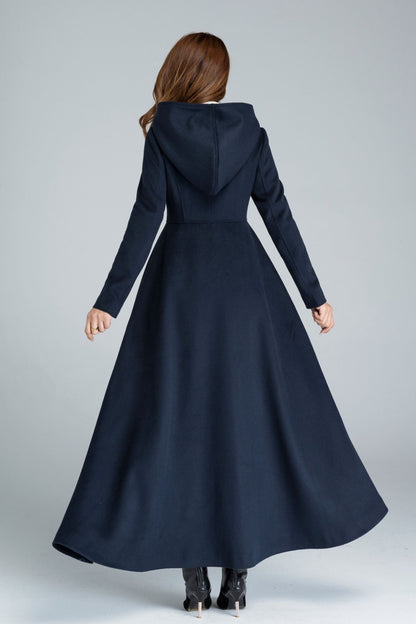 Handmade Blue Wool Coat – Vintage Inspired Hooded Maxi Overcoat 1637