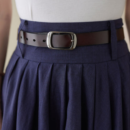 Navy Linen Pleated A-Line Skirt - High Waist Knee Length | Xiaolizi 4972