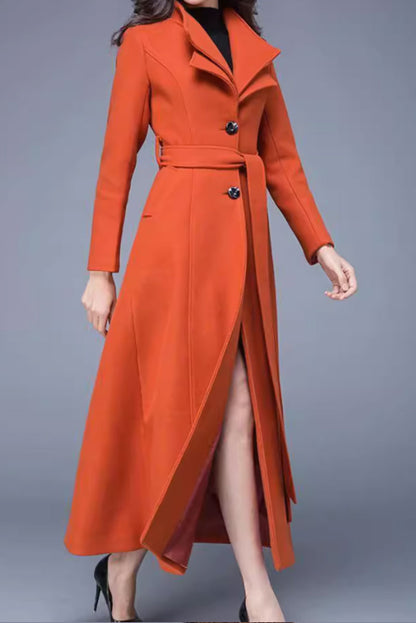 Handmade Wool Blend Coat – Elegant Lapel Maxi Overcoat with Belt & Pockets 4477