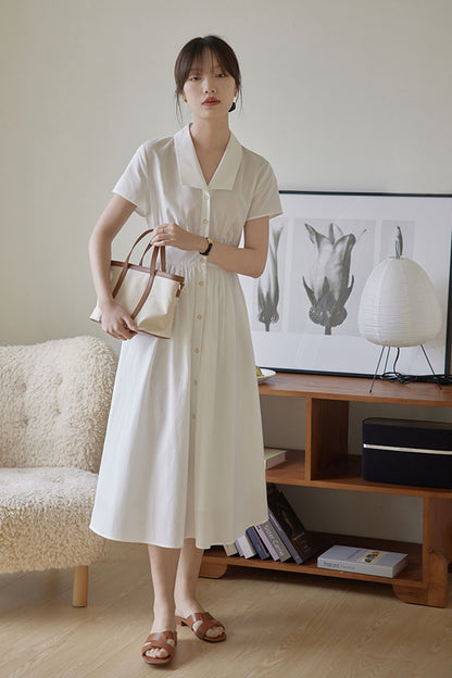 White Cotton Shirt Dress - Fitted Waist, Short Sleeve Summer Dress 4312
