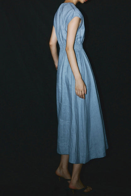 Blue Linen Midi Dress - A-Line Silhouette with Cap Sleeves HY0021