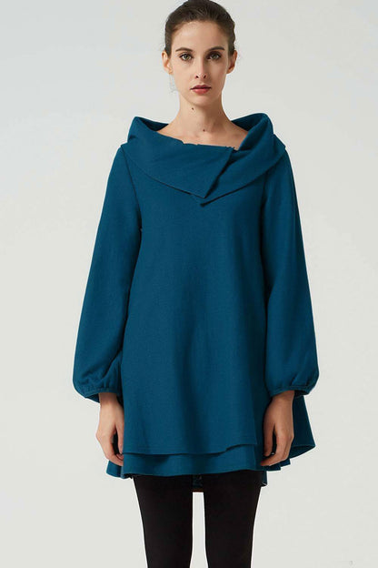 Teal Wool Tunic Dress - Oversized Fit with Asymmetrical Collar 5208
