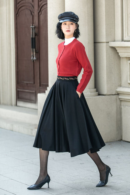Vintage Black Wool Midi Skirt – Embroidered Waist Circle Skirt  5310