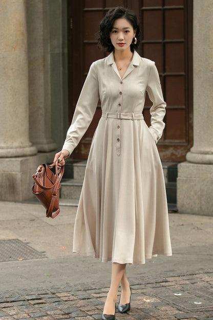 Beige Linen Cotton Midi Shirt Dress - Vintage Belted Swing Silhouette 5674