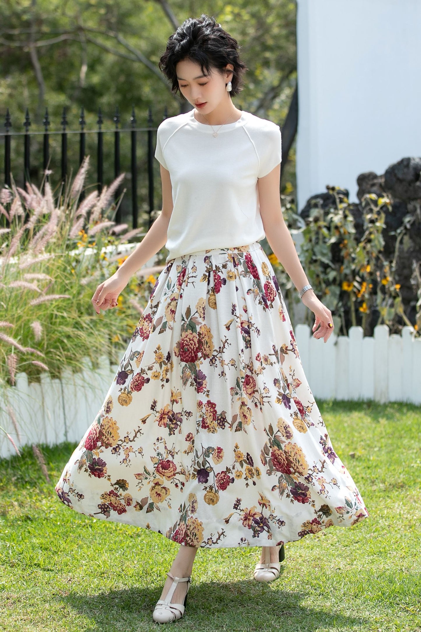 Vintage Floral Linen Cotton Swing Midi Skirt | Xiaolizi 6737