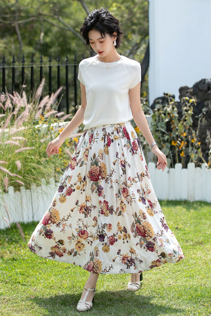 Vintage Floral Linen Cotton Swing Midi Skirt | Xiaolizi 6737
