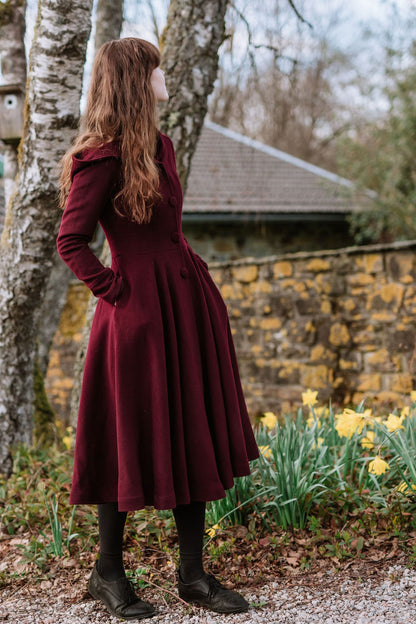 Burgundy Hooded Wool Coat – Romantic Fit & Flare Winter Midi | Xiaolizi 3424