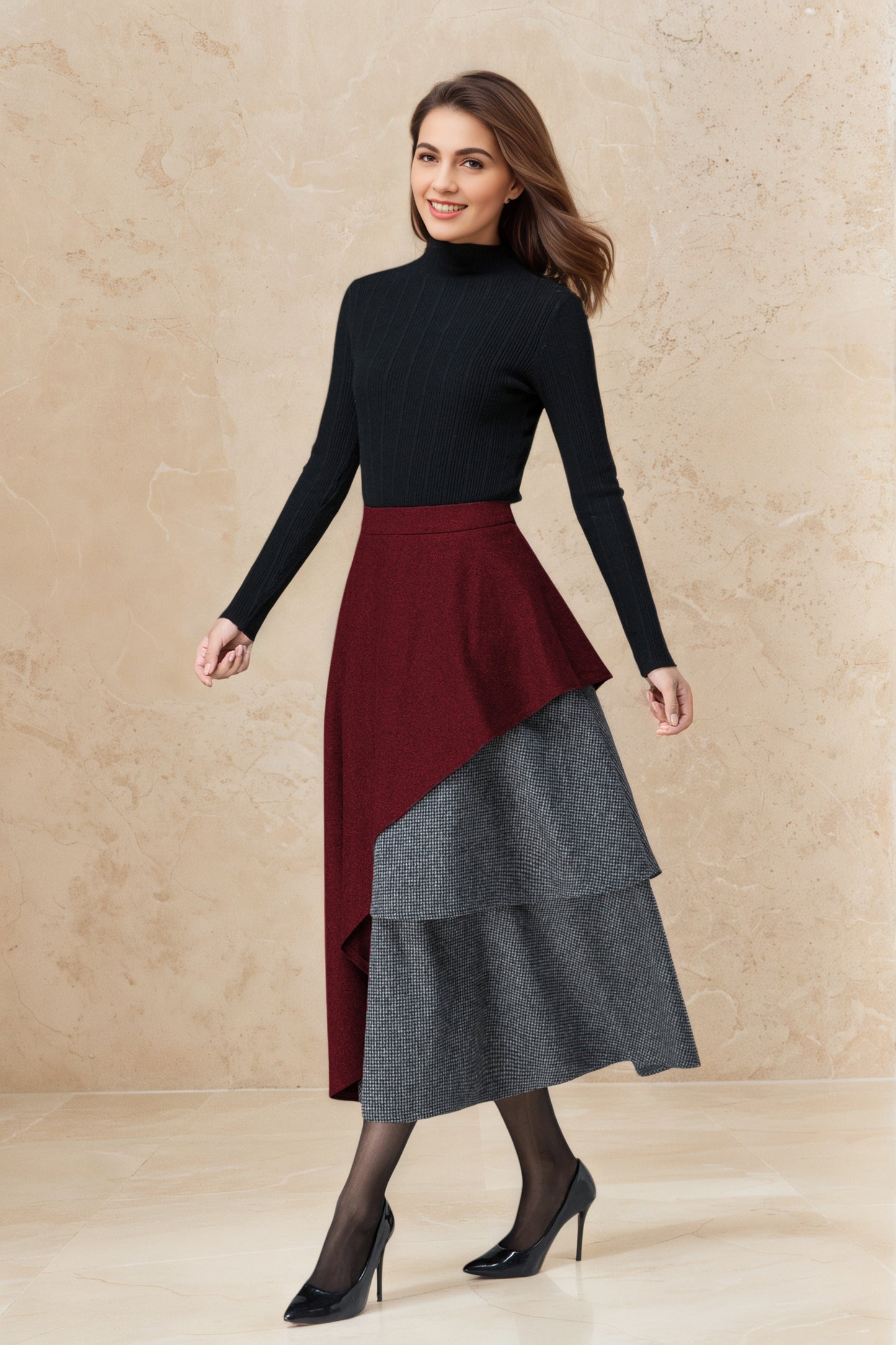 Vintage Wool Maxi Skirt Dark Red – Layered Houndstooth Detail – 6516