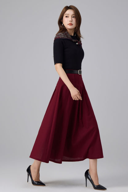 Burgundy Linen Midi Skirt - High Waist Pleated A-Line | Xiaolizi 6759