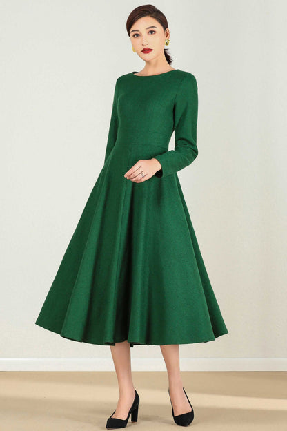 Green Wool Fit & Flare Long Dress Women 2436