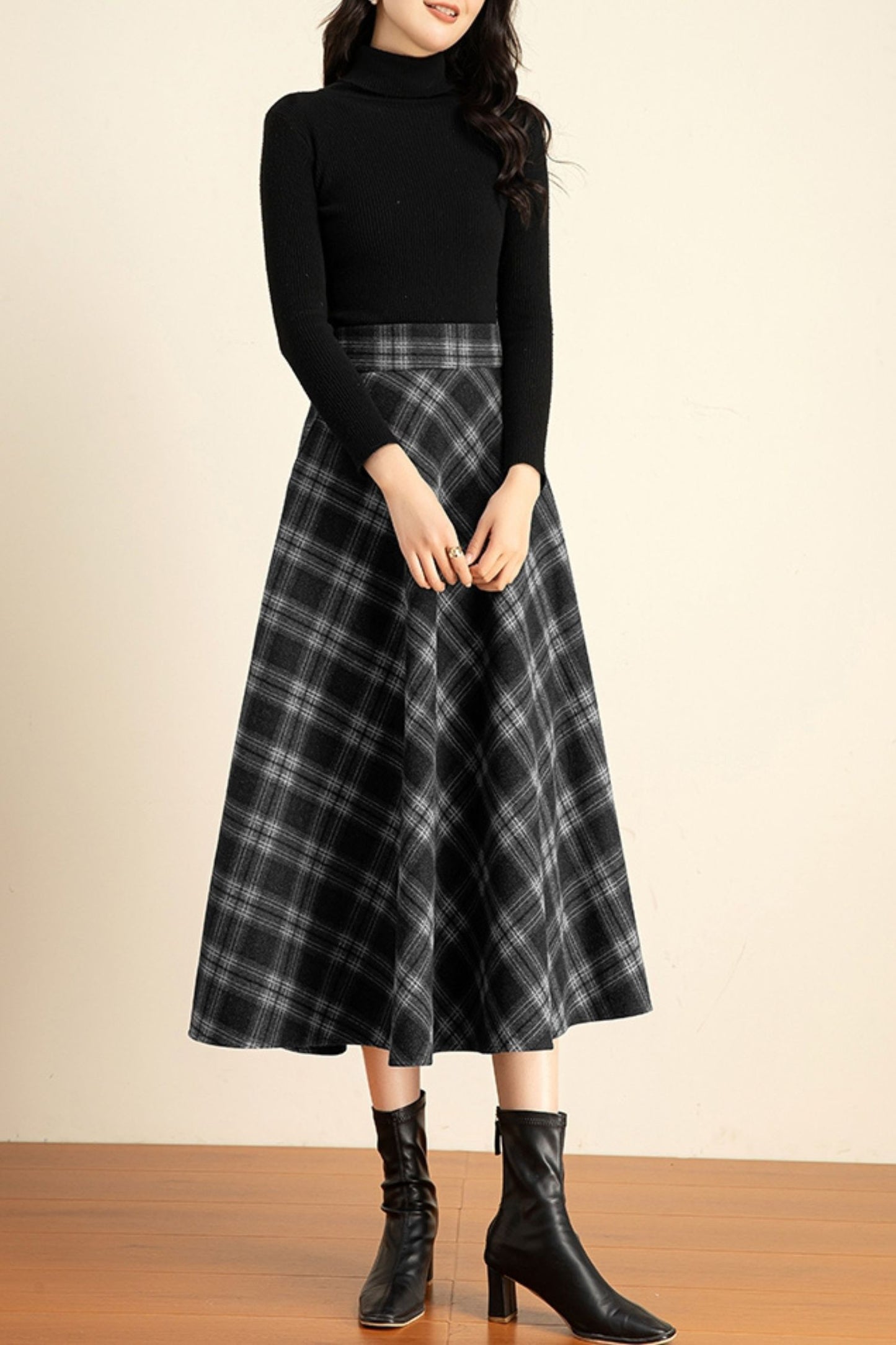 Plaid midi winter wool skirt women 6211