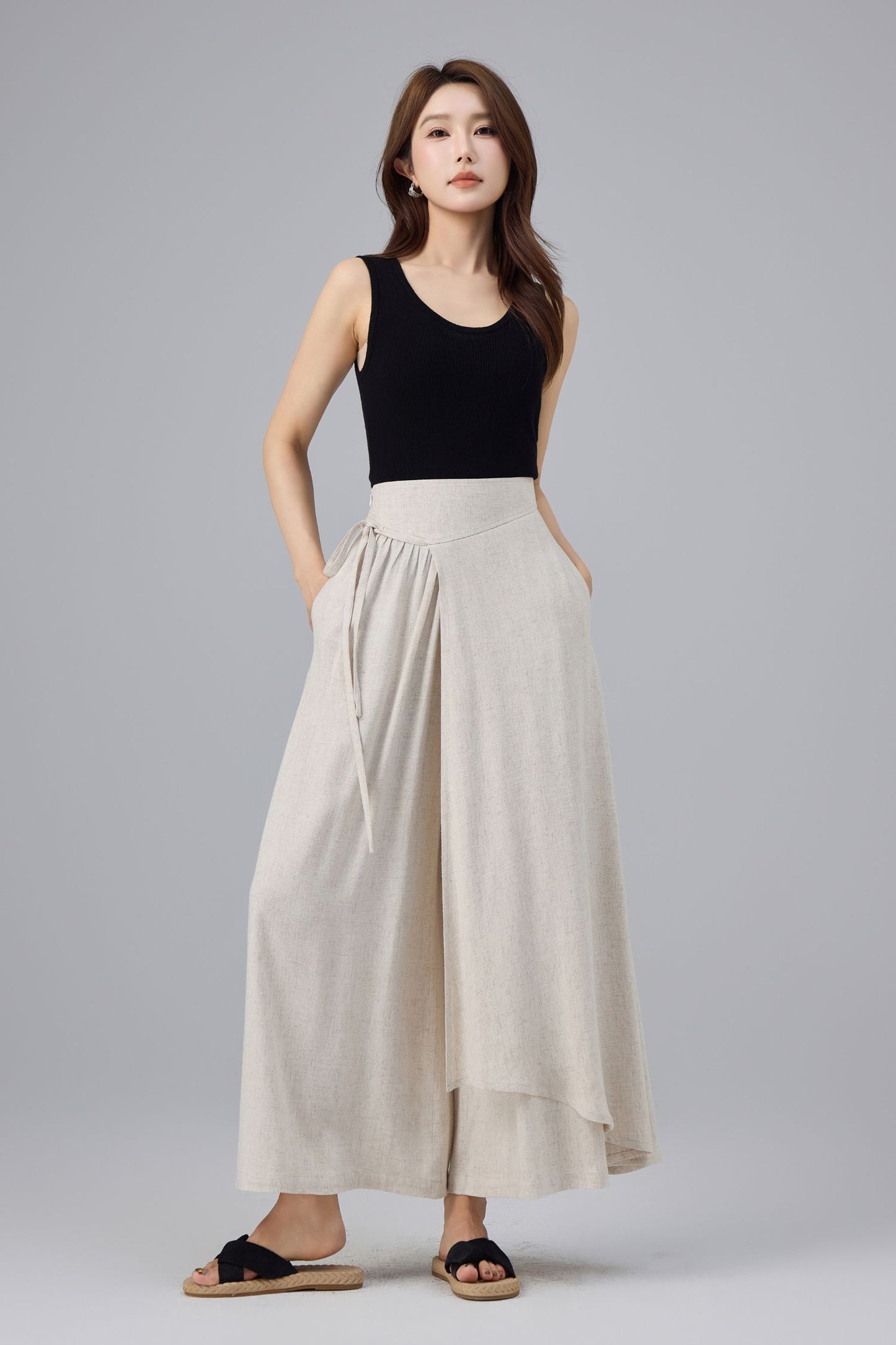 Beige Linen Cotton Wrap Pant - Wide Leg, Tie Belt Design | Xiaolizi 6763