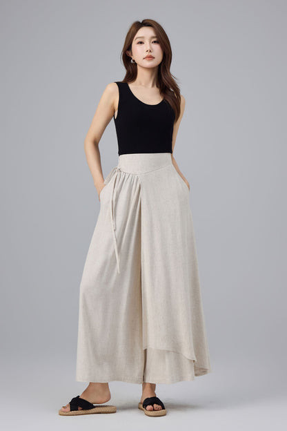 Beige Linen Cotton Wrap Pant - Wide Leg, Tie Belt Design | Xiaolizi 6763
