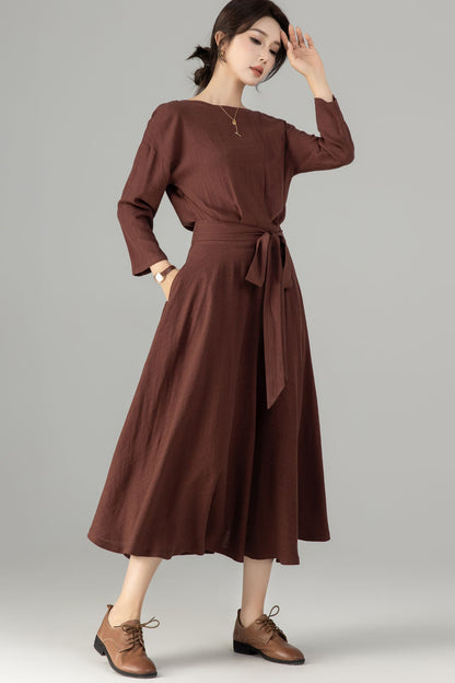 Brown Linen Cotton Midi Dress - Boat Neck, Belted Waist 5704