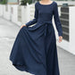 Navy Blue Linen Maxi Dress – Vintage Fit and Flare Long Sleeve Dress 6660