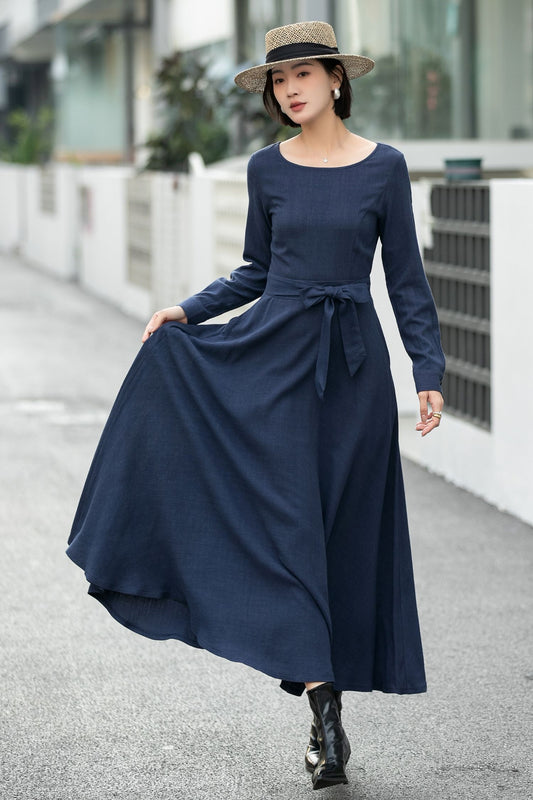 Navy Blue Linen Maxi Dress – Vintage Fit and Flare Long Sleeve Dress 6660