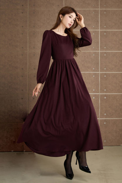 Burgundy Wool Maxi Dress – Elegant Vintage Long Sleeve Winter Dress with Pockets 5359