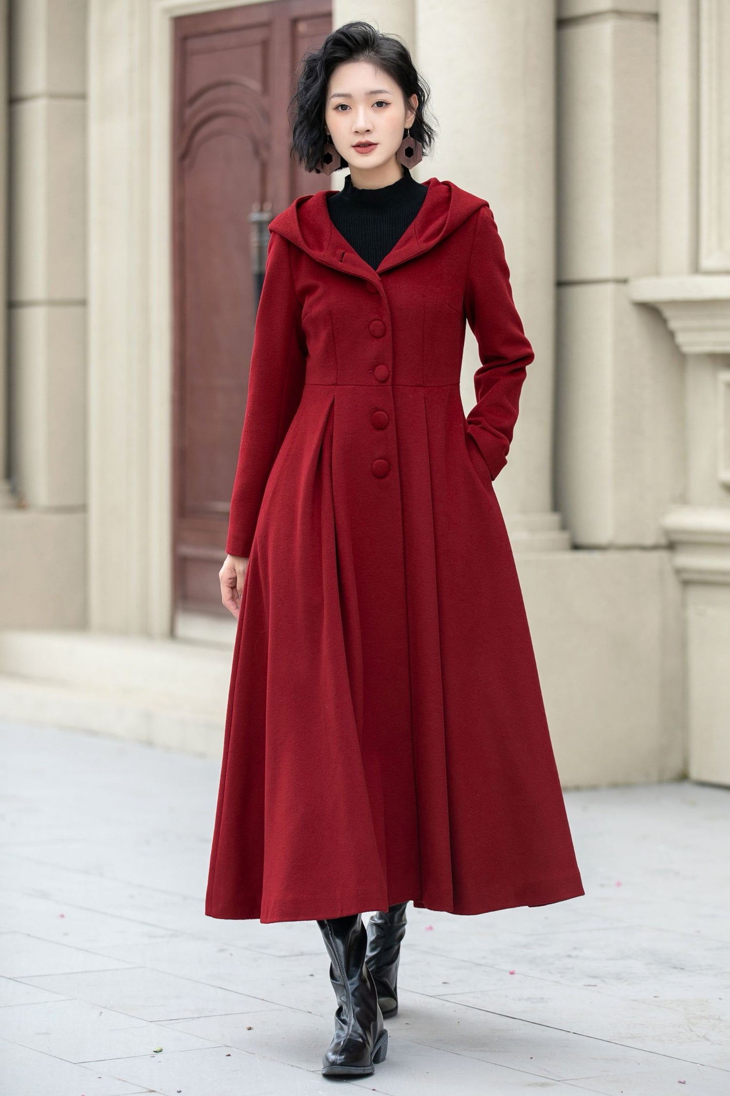 Long swing red winter wool coat women 5346