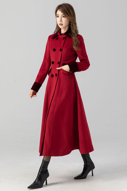 Handmade Vintage Red Wool Coat – A-Line Double Breasted Winter | Xiaolizi 4671