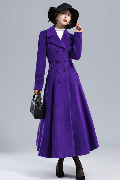 Purple Wool Coat - Vintage Double-Breasted Fit-and-Flare Overcoat 3237
