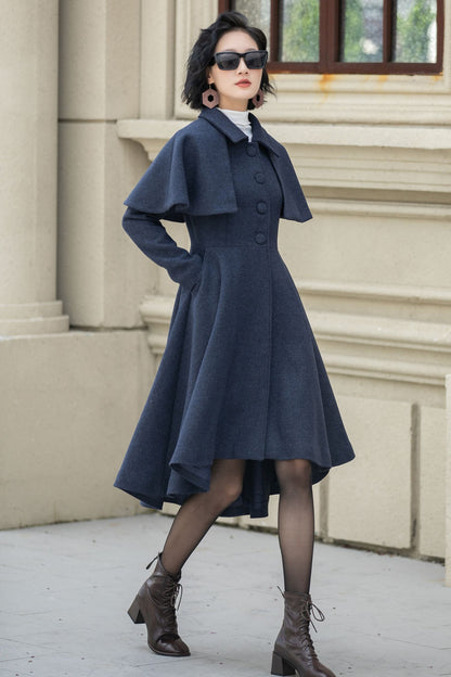 Navy Blue Wool Coat – Vintage Winter Cape Overcoat with High-Low Hem 5352