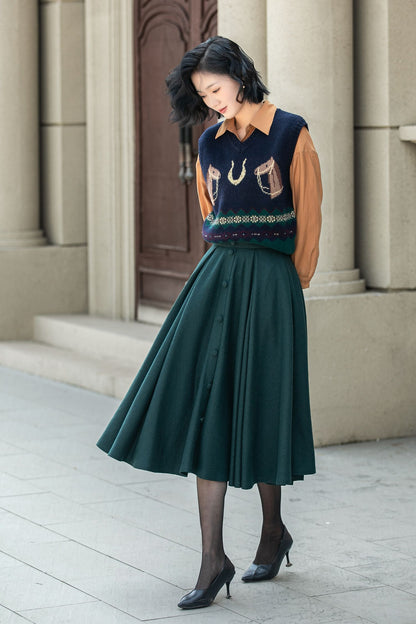 Dark Green Wool Midi Skirt - Flared A-Line with Elastic Waist 5311