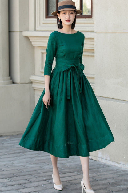 Emerald Green Linen Midi Dress - Bow Tie Waist Pockets | Xiaolizi 5721
