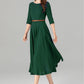 Handmade Green Linen Cotton Midi Dress – Classic Fit & Flare with Pockets 5580